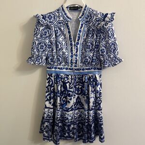 Emma Way Blue White Tile Print Ruffle Sleeve Button Front Dress Size 6